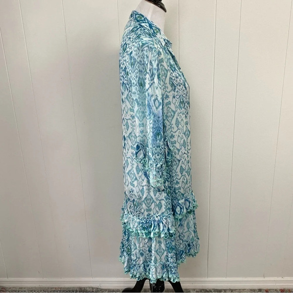Miss June Paris Blue Green White Ikat Print Long Sleeve Embroidered Ruffle Dress - Picture 8 of 16